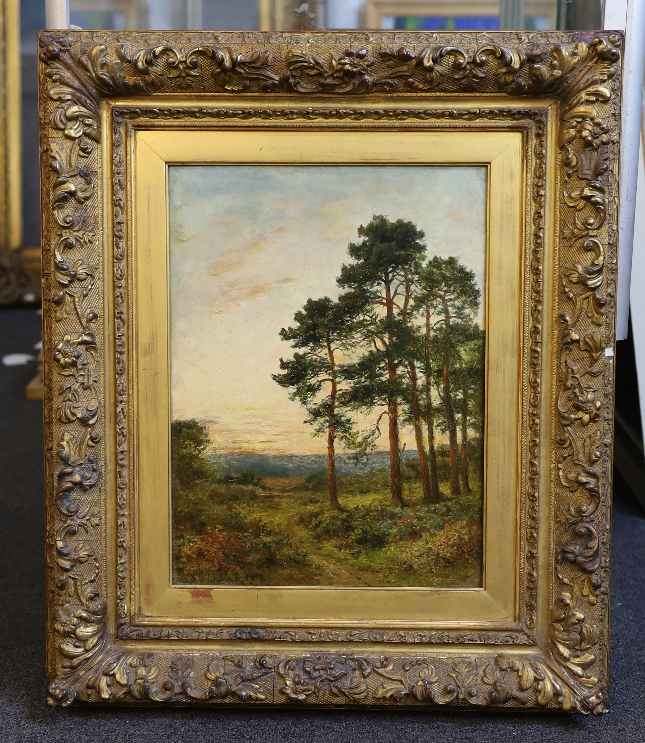 Benjamin Williams Leader (1831-1923), Landscape at sunset with pine trees, Oil on board, 42 x 32cm.